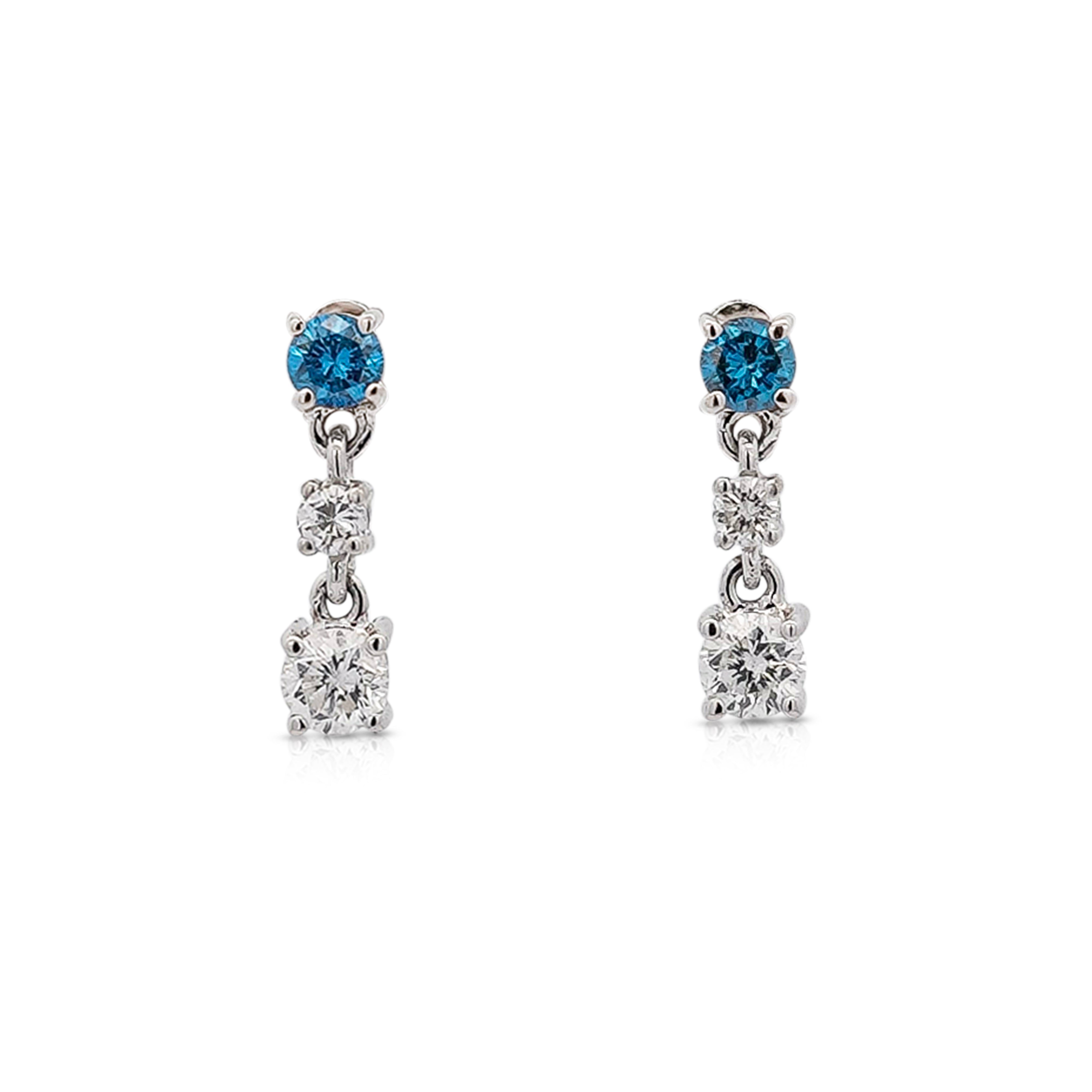 3 Stone Round Cut Natural Blue and White Diamond Drop Earrings In 18K White Gold-Earrings-ASSAY