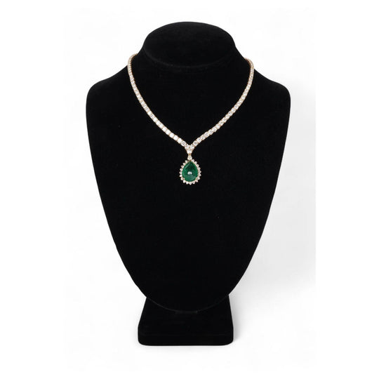 32 Carat Pear Cabochon Emerald & Diamond 18K Gold Drop Emerald Necklace