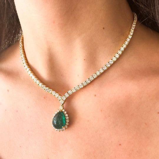 32 Carat Pear Cabochon Emerald & Diamond 18K Gold Drop Emerald Necklace