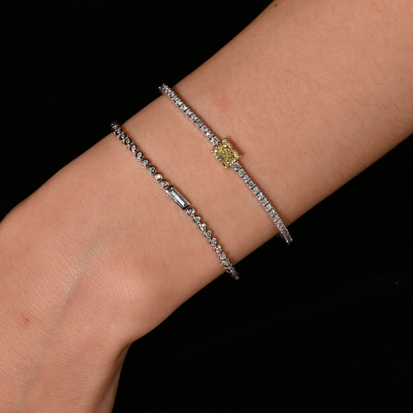 3/4 Carat Baguette & Round Diamond Bezel Set 14K White Gold Tennis Bracelet