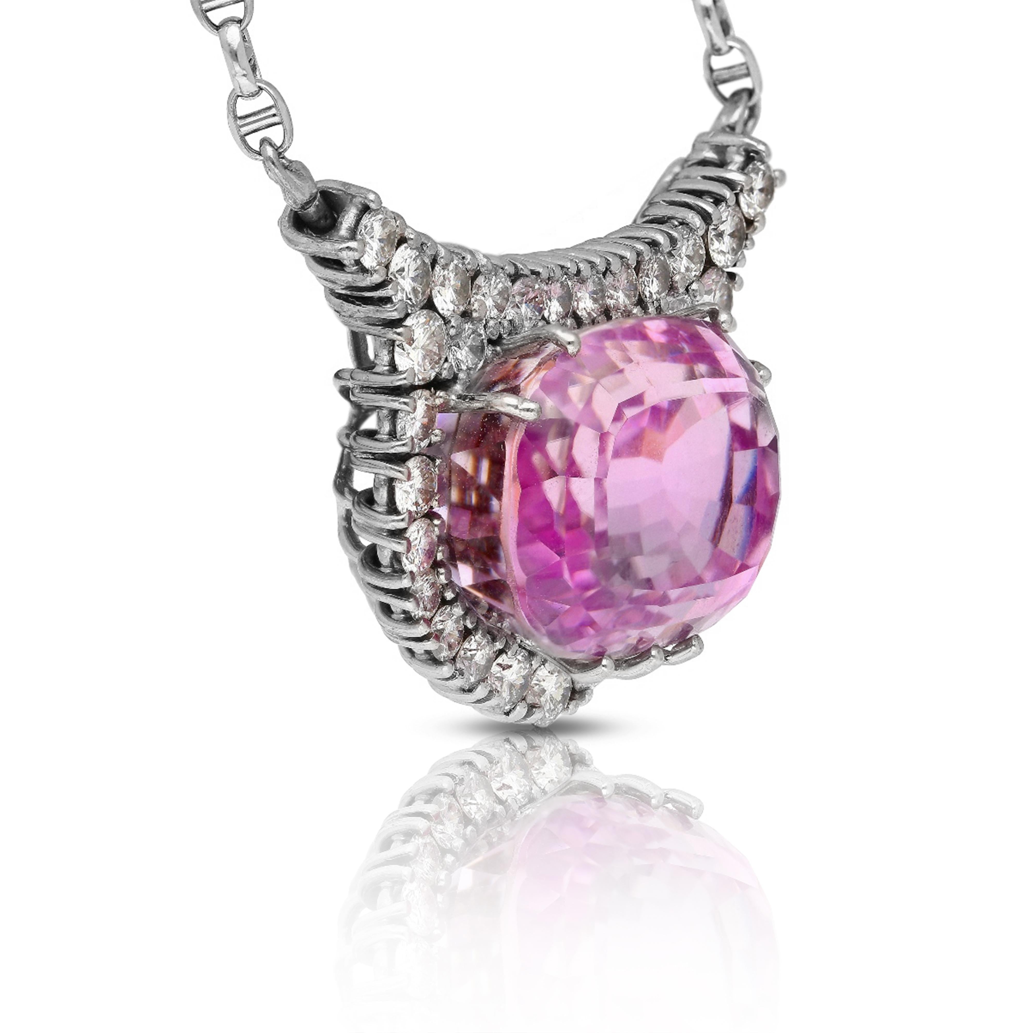 36.10 Carat Cushion-Cut Kunzite And Diamond in 18k White Gold Necklace