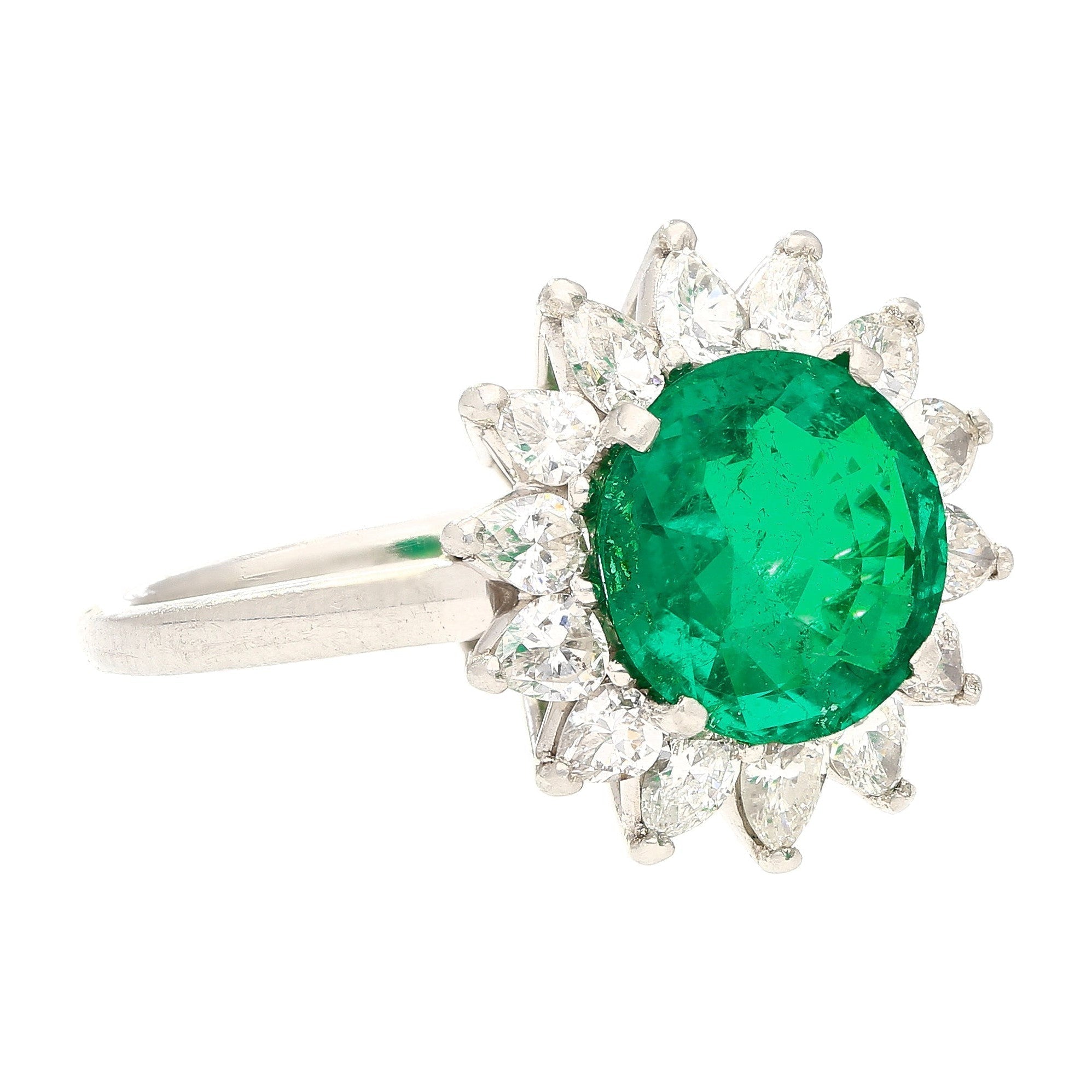 3.02 Carat Vivid Green Round Cut Colombian Emerald and Diamond Halo Platinum Ring-Rings-ASSAY