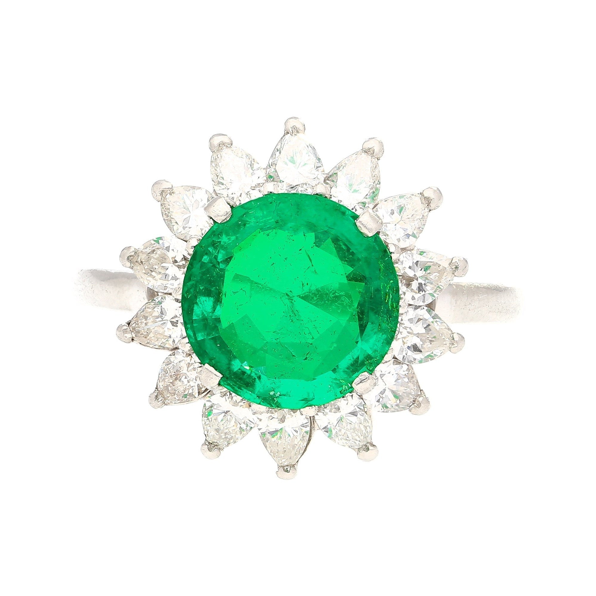 3.02 Carat Vivid Green Round Cut Colombian Emerald and Diamond Halo Platinum Ring-Rings-ASSAY