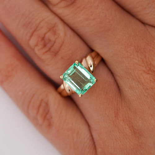 3.04 Carat Emerald Cut Emerald 14K Yellow Gold Curved Shank Solitaire Ring