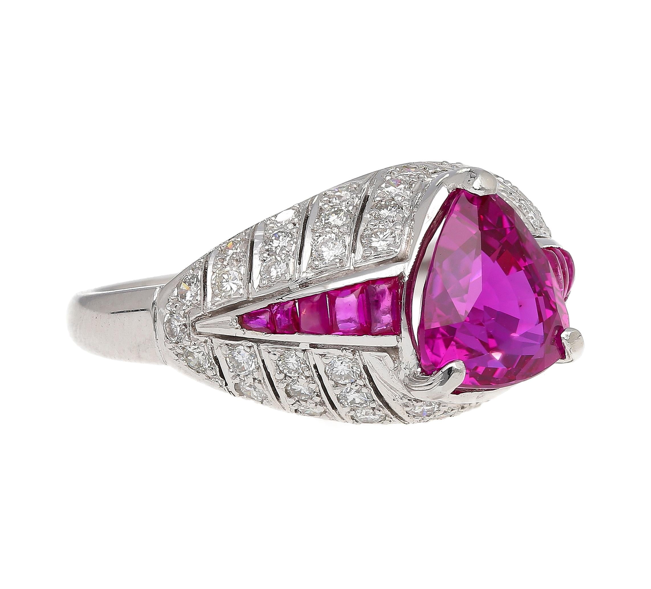 3.04 Carat Purplish Pink Trillion-Cut Ruby and Diamond Cocktail Ring