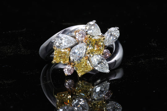 3.07 Carat Yellow Cushion Pink White Diamond in Platinum 18K Gold Cluster Ring