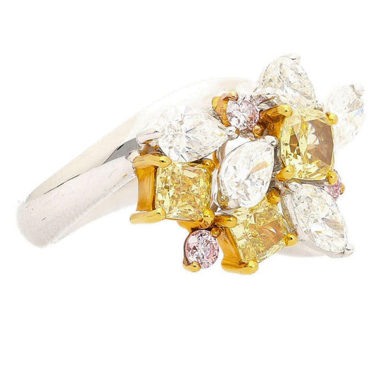 3.07 Carat Yellow Cushion Pink White Diamond in Platinum 18K Gold Cluster Ring