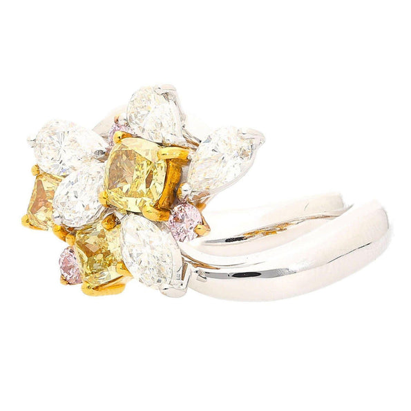 3.07 Carat Yellow Cushion Pink White Diamond in Platinum 18K Gold Cluster Ring