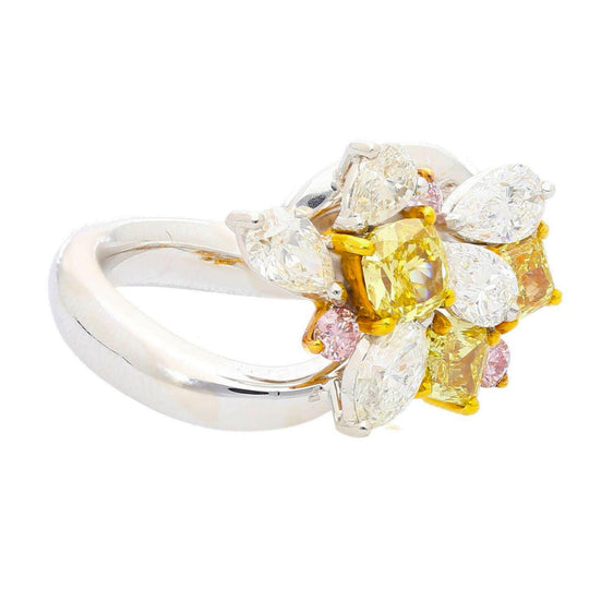 3.07 Carat Yellow Cushion Pink White Diamond in Platinum 18K Gold Cluster Ring