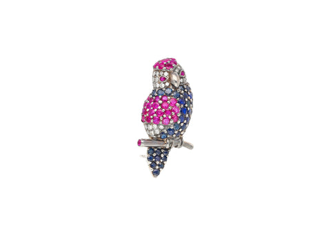 3.14 Carat Pink & Blue Sapphire & Diamond Pave in 18K White Gold Parrot Brooch