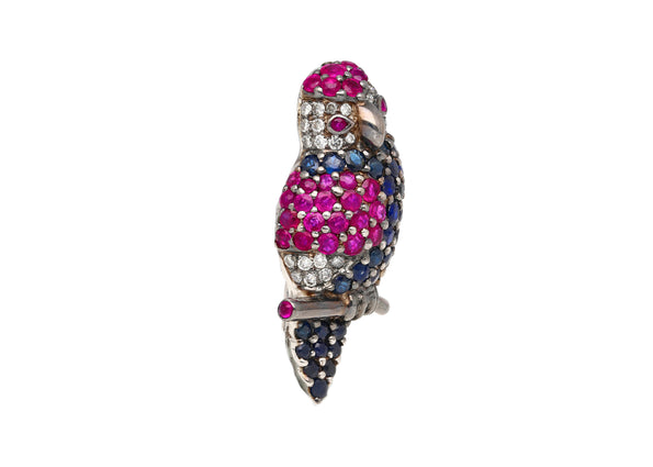 3.14 Carat Pink & Blue Sapphire & Diamond Pave in 18K White Gold Parrot Brooch