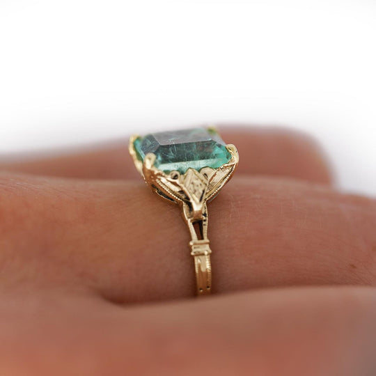 3.18 Carat Light Green Emerald Milgrain Vintage 14K Gold Ring