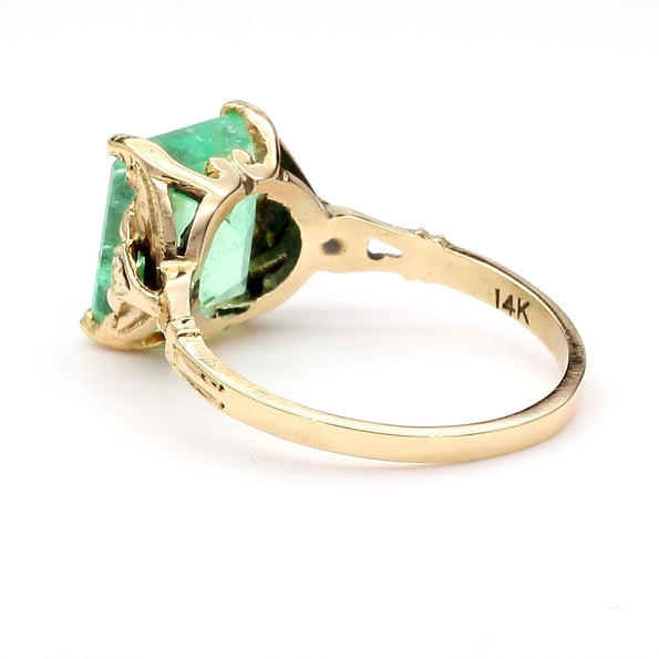 3.18 Carat Light Green Emerald Milgrain Vintage 14K Gold Ring