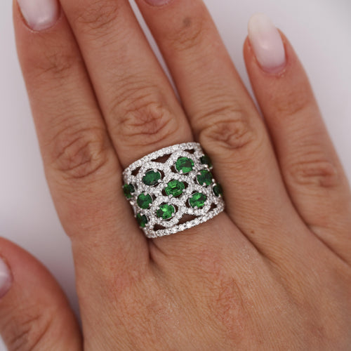 3.25 Carat Tsavorite Garnet & Diamond Platinum Wavy Wide Band Ring
