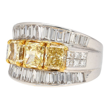 3.28 Carat TW Natural Radiant Cut Fancy Yellow Diamond 3-Stone Ring in 18K White Gold – Assay Jewelers