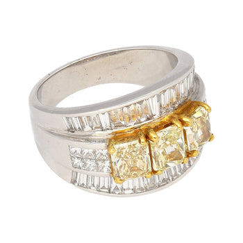 3.28 Carat TW Natural Radiant Cut Fancy Yellow Diamond 3-Stone Ring in 18K White Gold – Assay Jewelers