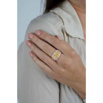 3.28 Carat TW Natural Radiant Cut Fancy Yellow Diamond 3-Stone Ring in 18K White Gold – Assay Jewelers