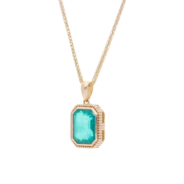 3.47 Carat Emerald Cut Emerald Milgrain Bezel 18K Yellow Gold Pendant Necklace