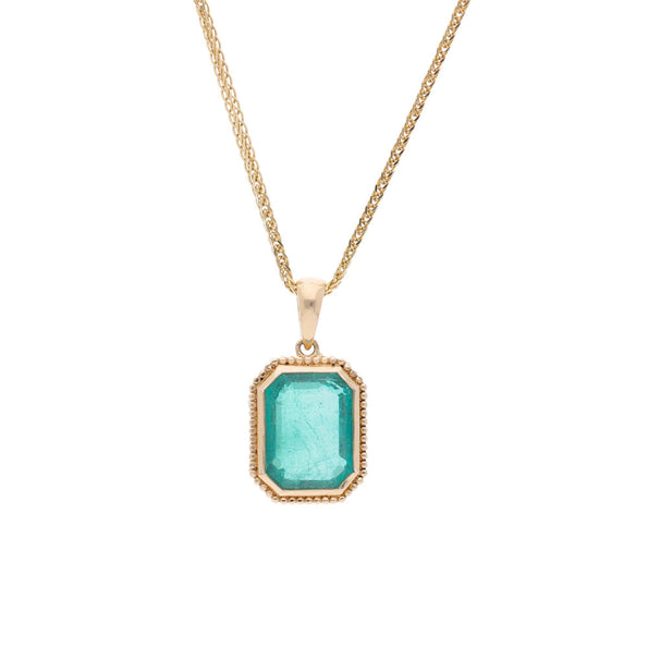 3.47 Carat Emerald Cut Emerald Milgrain Bezel 18K Yellow Gold Pendant Necklace