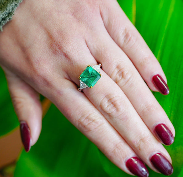 3.5 Carat Emerald & Diamond Three Stone Engagement Ring