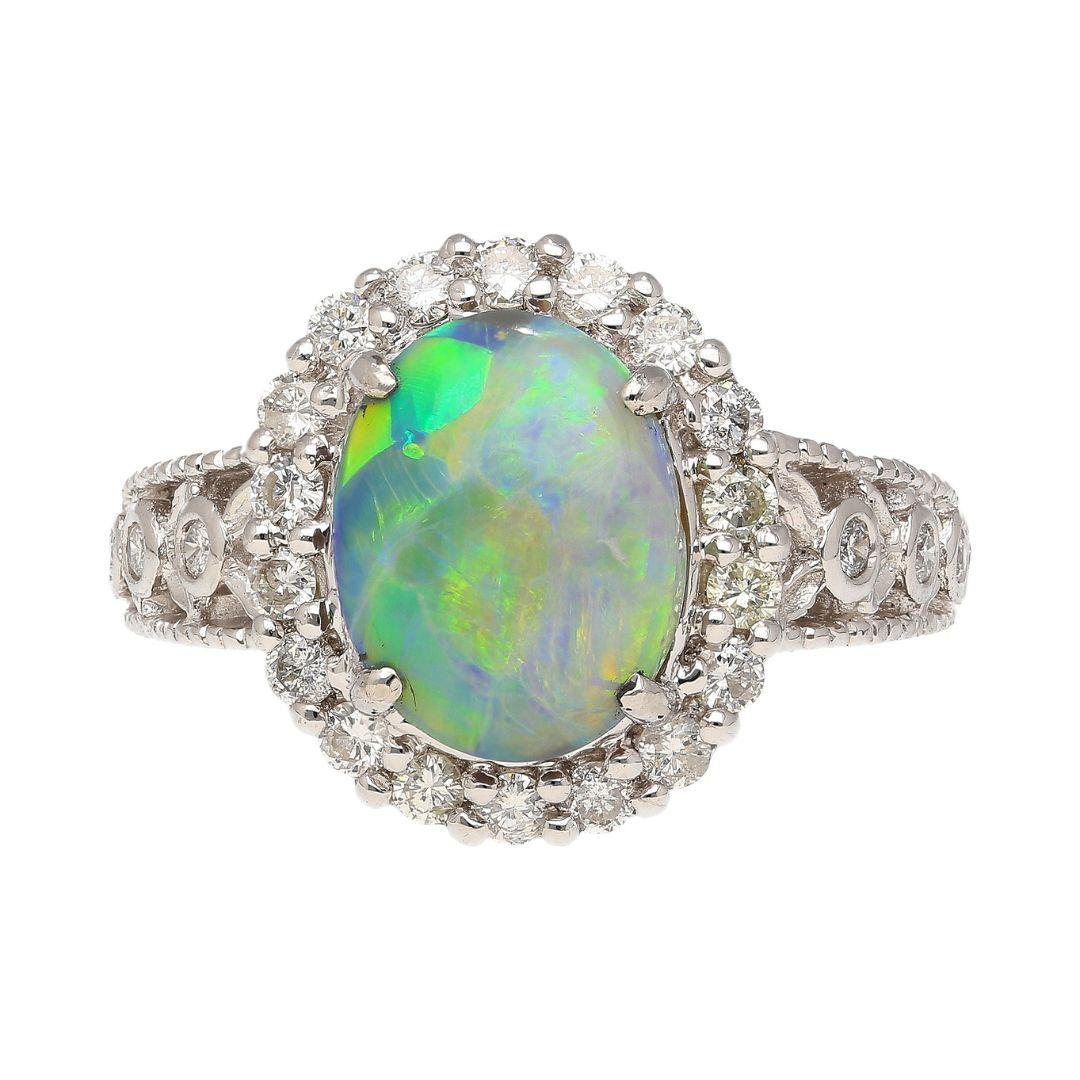 3.50 Carat Black Opal & Diamond Halo Platinum Filigree Ring