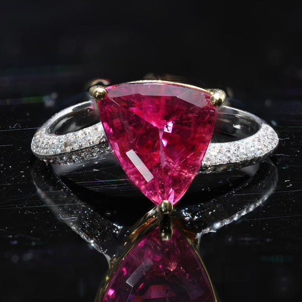 3.54 Carat Trilliant Rubellite Pink Tourmaline & Diamond 18K Two Tone Gold Ring
