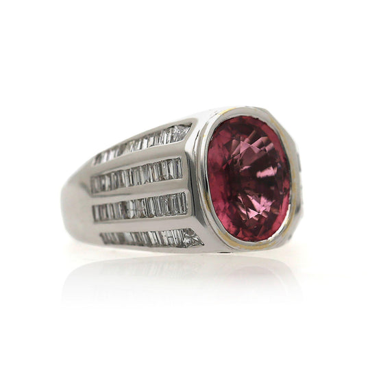 3.59 Carat Oval Pink Tourmaline and Baguette Diamond 18K White Gold Unisex Ring