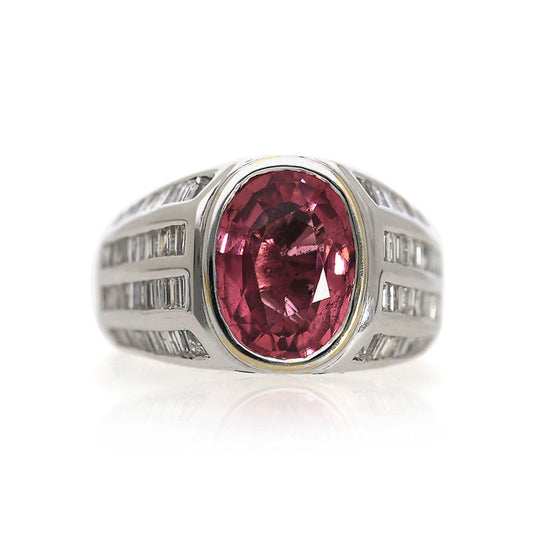 3.59 Carat Oval Pink Tourmaline and Baguette Diamond 18K White Gold Unisex Ring