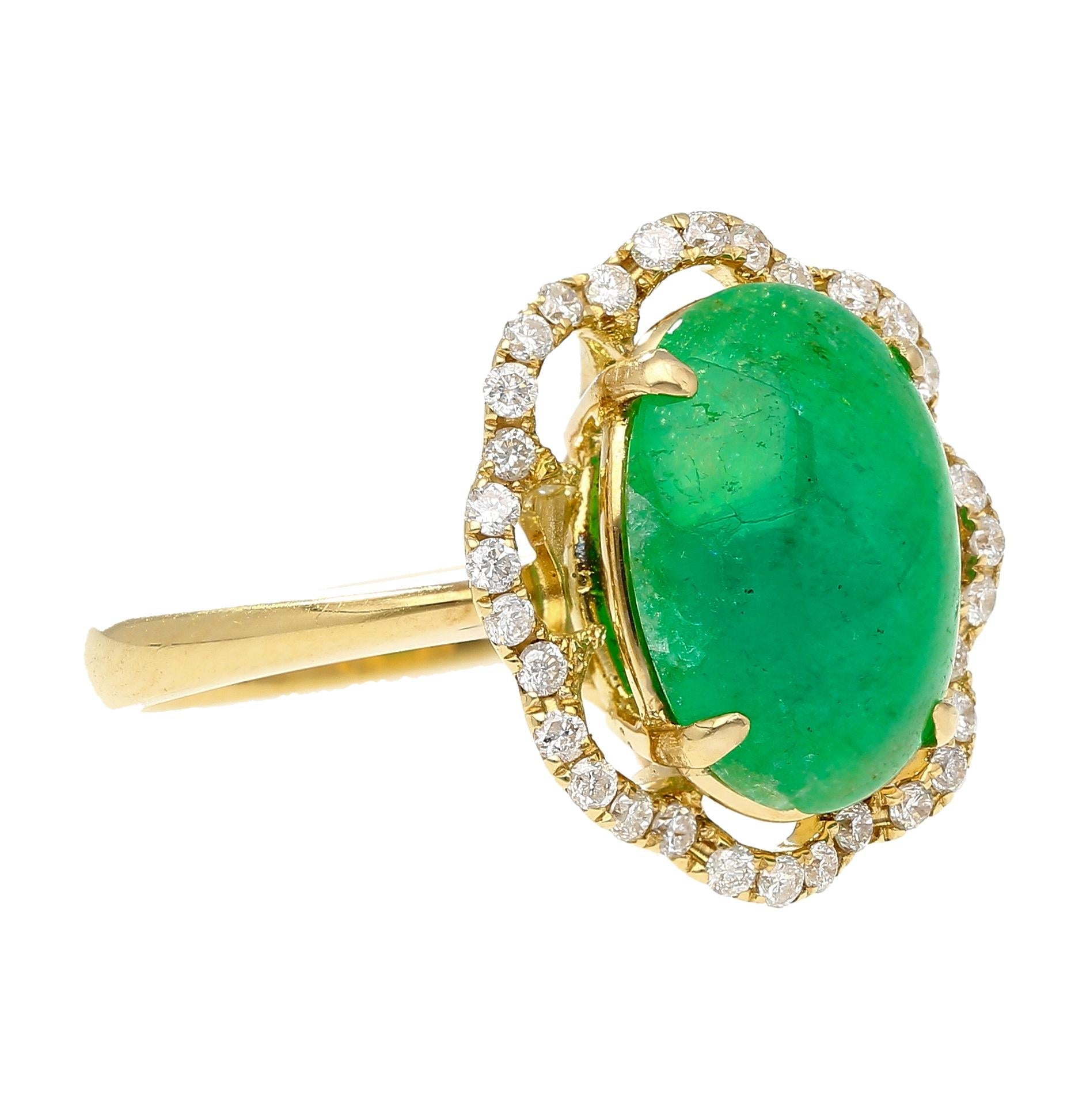 3.6 Carat Cabochon Emerald and Diamond Flower Halo 18K Gold Ring