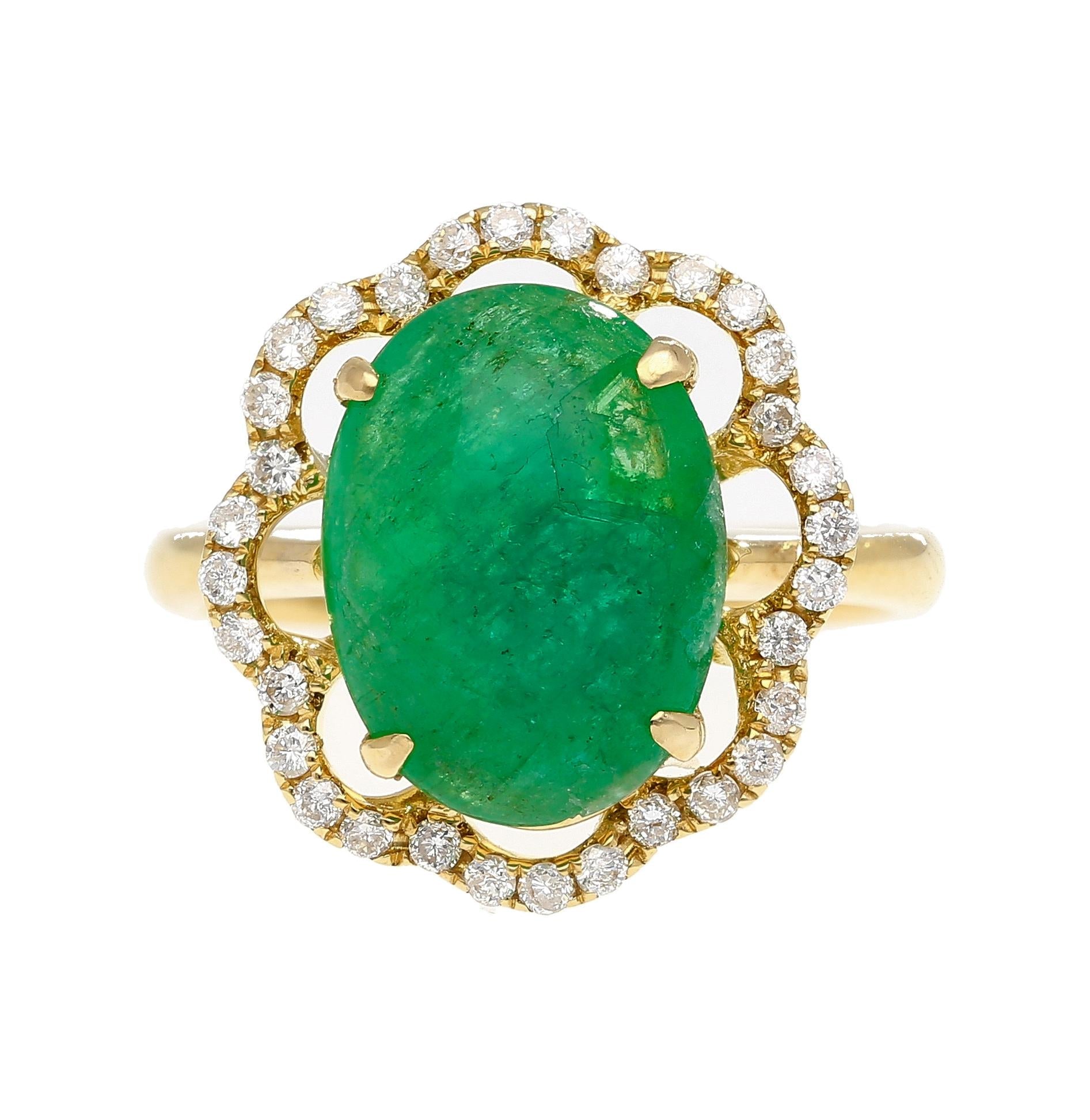 3.6 Carat Cabochon Emerald and Diamond Flower Halo 18K Gold Ring