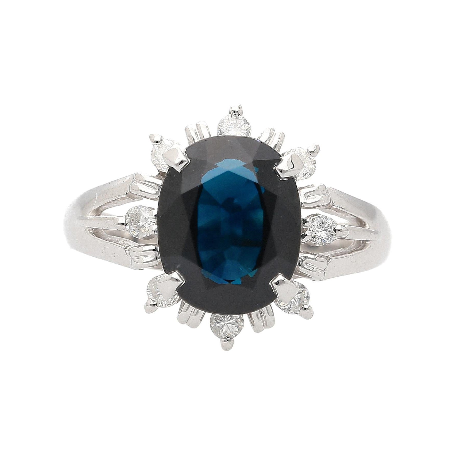 3.62 Carat Oval Blue Sapphire and Diamond Halo Platinum Split Ring