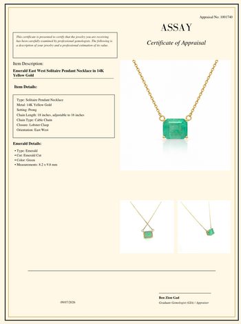 Collier pendentif solitaire Est-Ouest en émeraude colombienne taille émeraude de 3,66 carats en or jaune 14K – Assay Jewelers