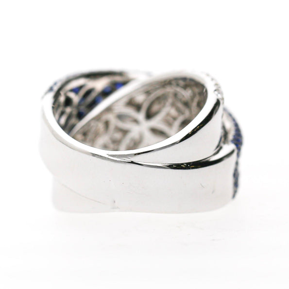 3.72 Carat Blue Sapphire & Diamond Pave 18K Crossover Band Ring