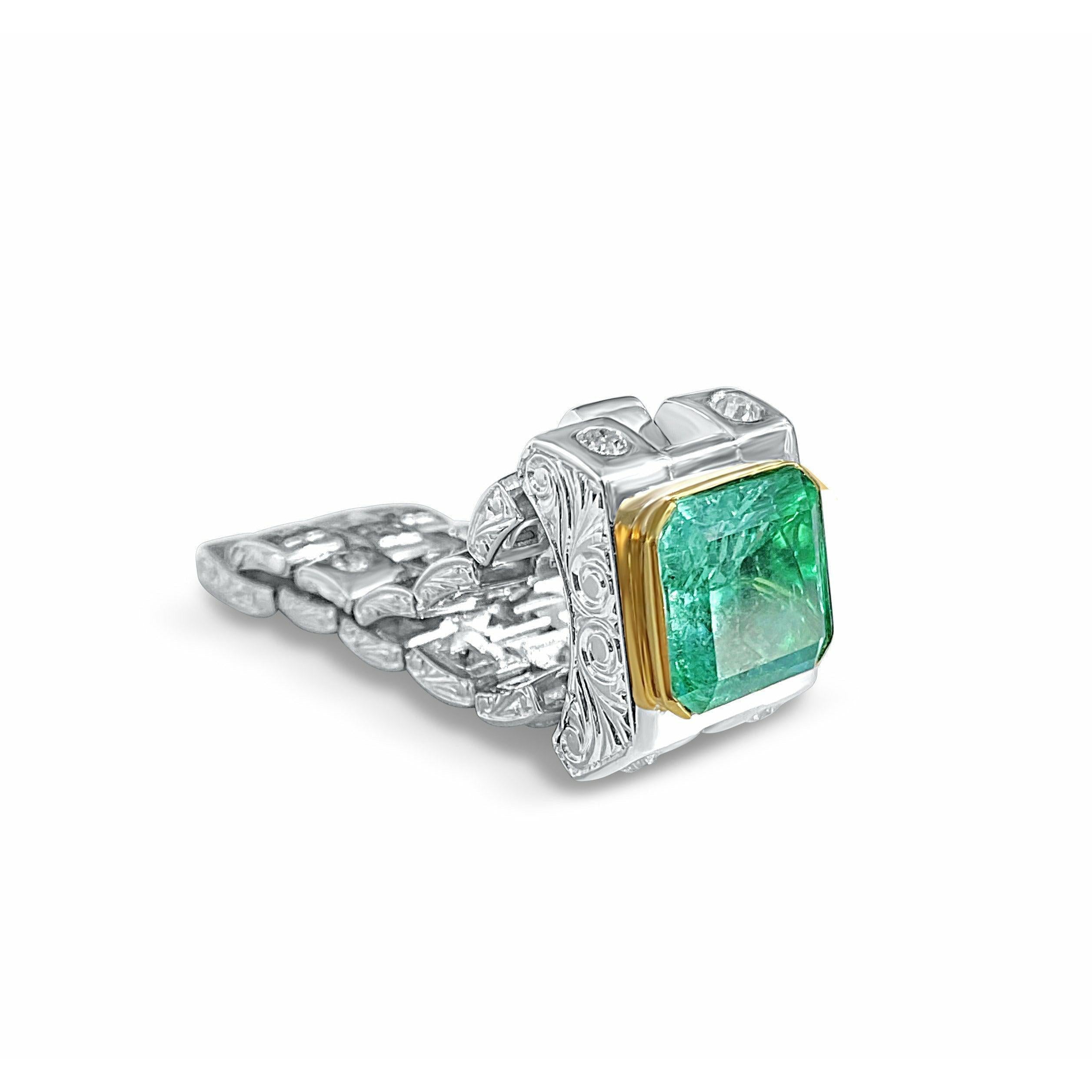 3.75 carat mens Colombian Emerald in Platinum ring setting - ASSAY