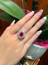 3.80 Carat Oval Cut No Heat Burma Ruby Ring With Round Diamond Halo in Platinum