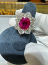 3.80 Carat Oval Cut No Heat Burma Ruby Ring With Round Diamond Halo in Platinum-Rings-ASSAY