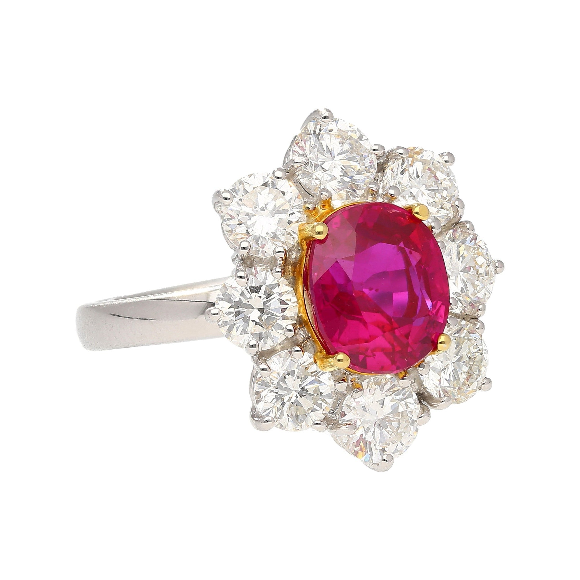 3.80 Carat Oval Cut No Heat Burma Ruby Ring With Round Diamond Halo in Platinum-Rings-ASSAY