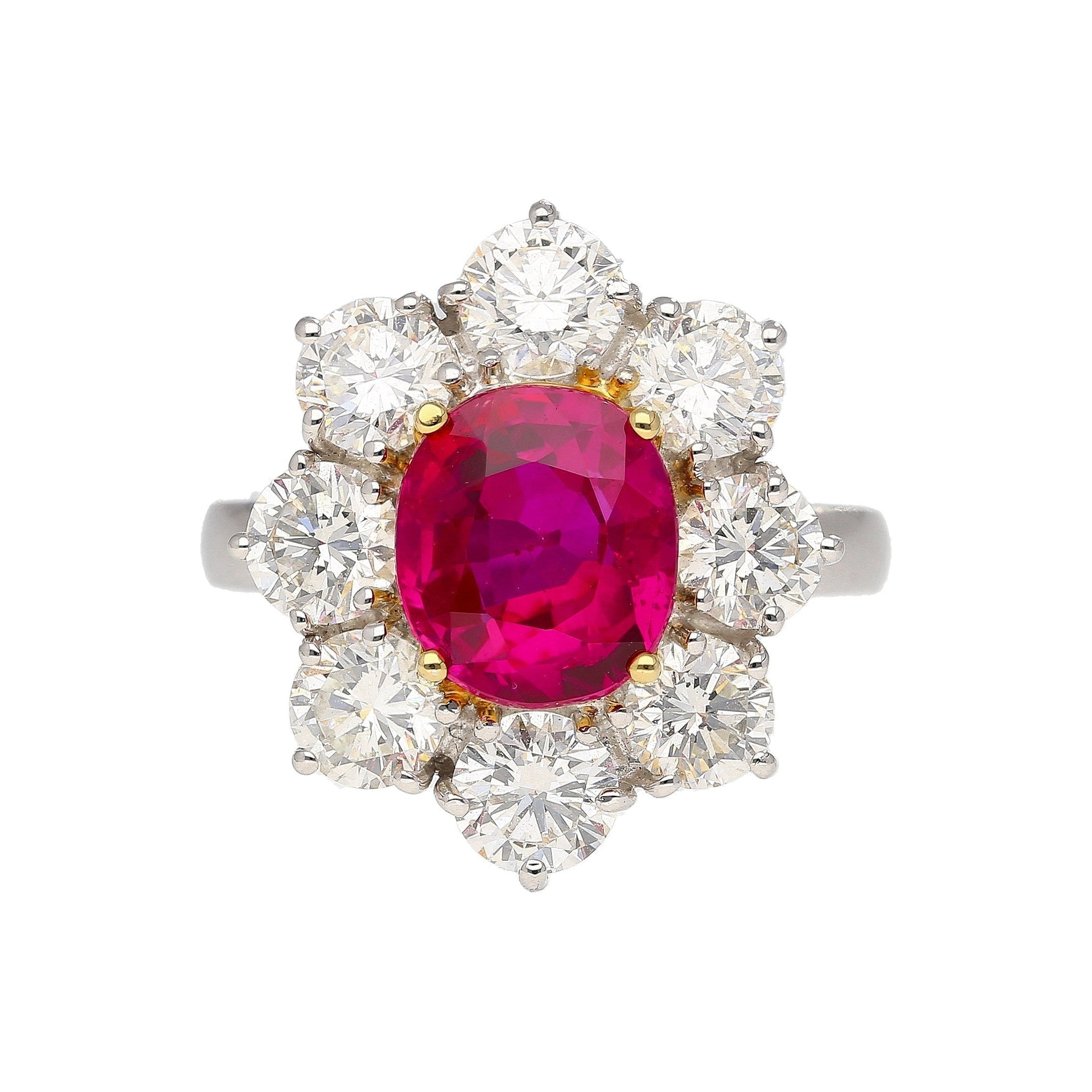 3.80 Carat Oval Cut No Heat Burma Ruby Ring With Round Diamond Halo in Platinum-Rings-ASSAY