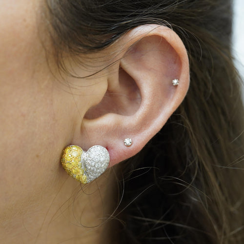 3.85 Carat Yellow & White Diamond 18K White Gold Pave Stud Heart Earring