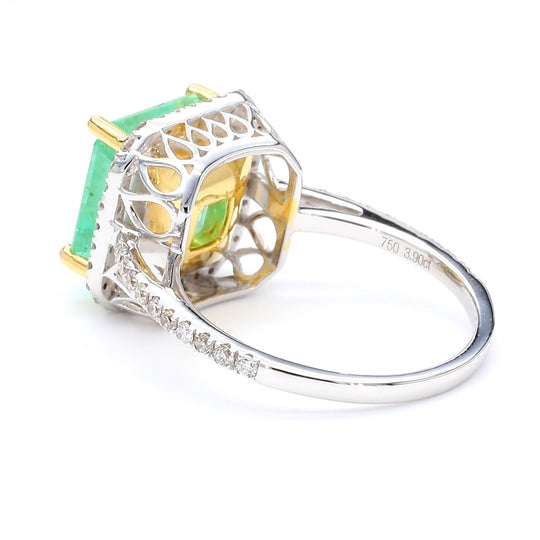 3.90 Carat Emerald & Diamond Halo Pavé Shank 18K White Gold Ring