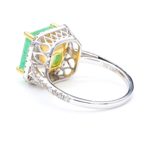 3.90 Carat Emerald & Diamond Halo Pavé Shank 18K White Gold Ring