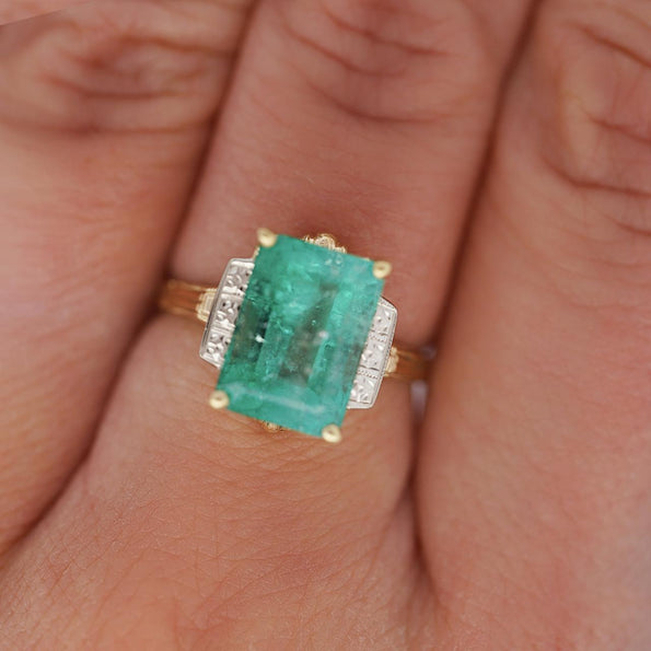 3.95 Carat Emerald & Diamond Milgrain Vintage 14K Gold Ring