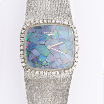 Vintage Longines Opal Mosaic Dial 34mm Diamond Bezel 18K White Gold Watch – Assay Jewelers