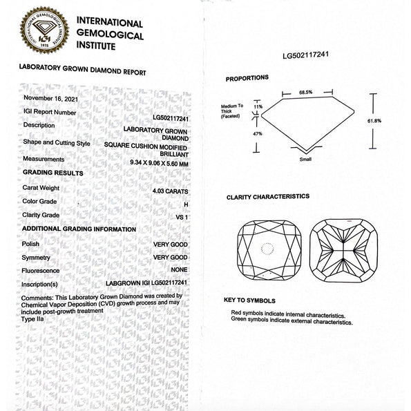 4 carats, diamant de laboratoire taille Coussin, couleur H, pureté VS1, Bague de fiançailles