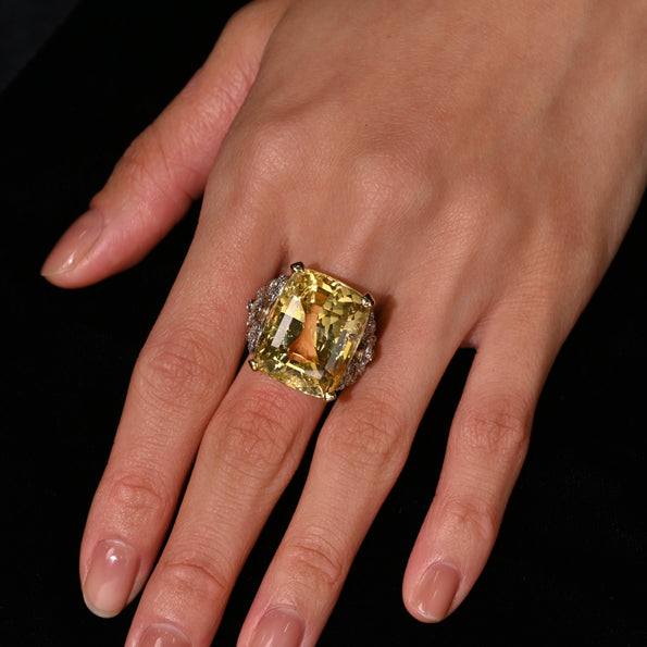 47.10 Carat No-Heat Yellow Sapphire & Old Euro Diamond Vintage Ring