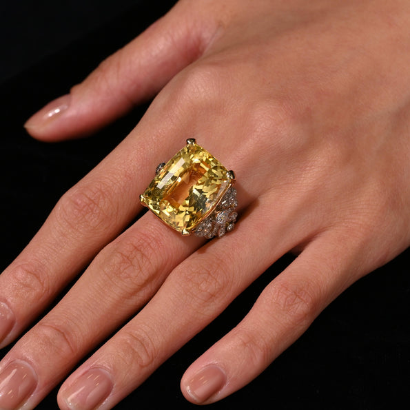 47.10 Carat No-Heat Yellow Sapphire & Old Euro Diamond Vintage Ring