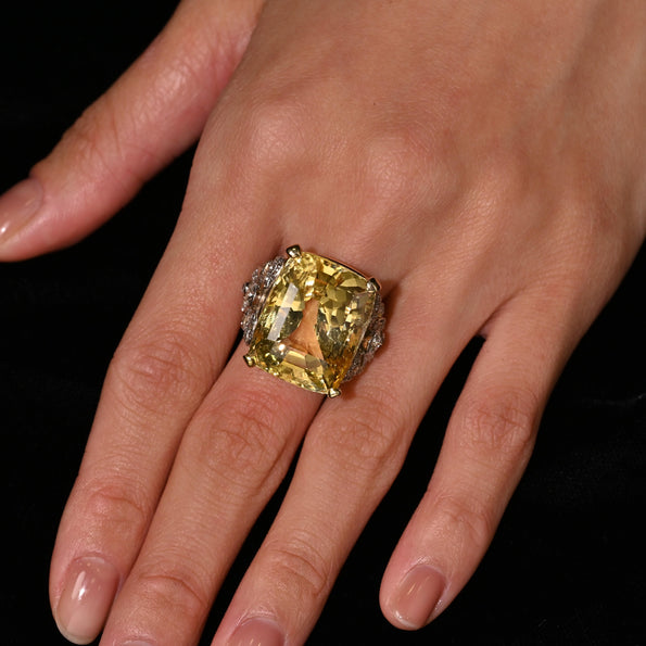 47.10 Carat No-Heat Yellow Sapphire & Old Euro Diamond Vintage Ring