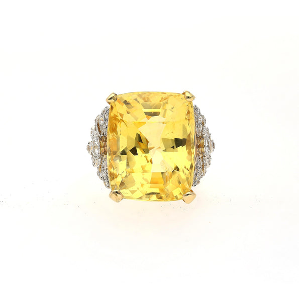 47.10 Carat No-Heat Yellow Sapphire & Old Euro Diamond Vintage Ring