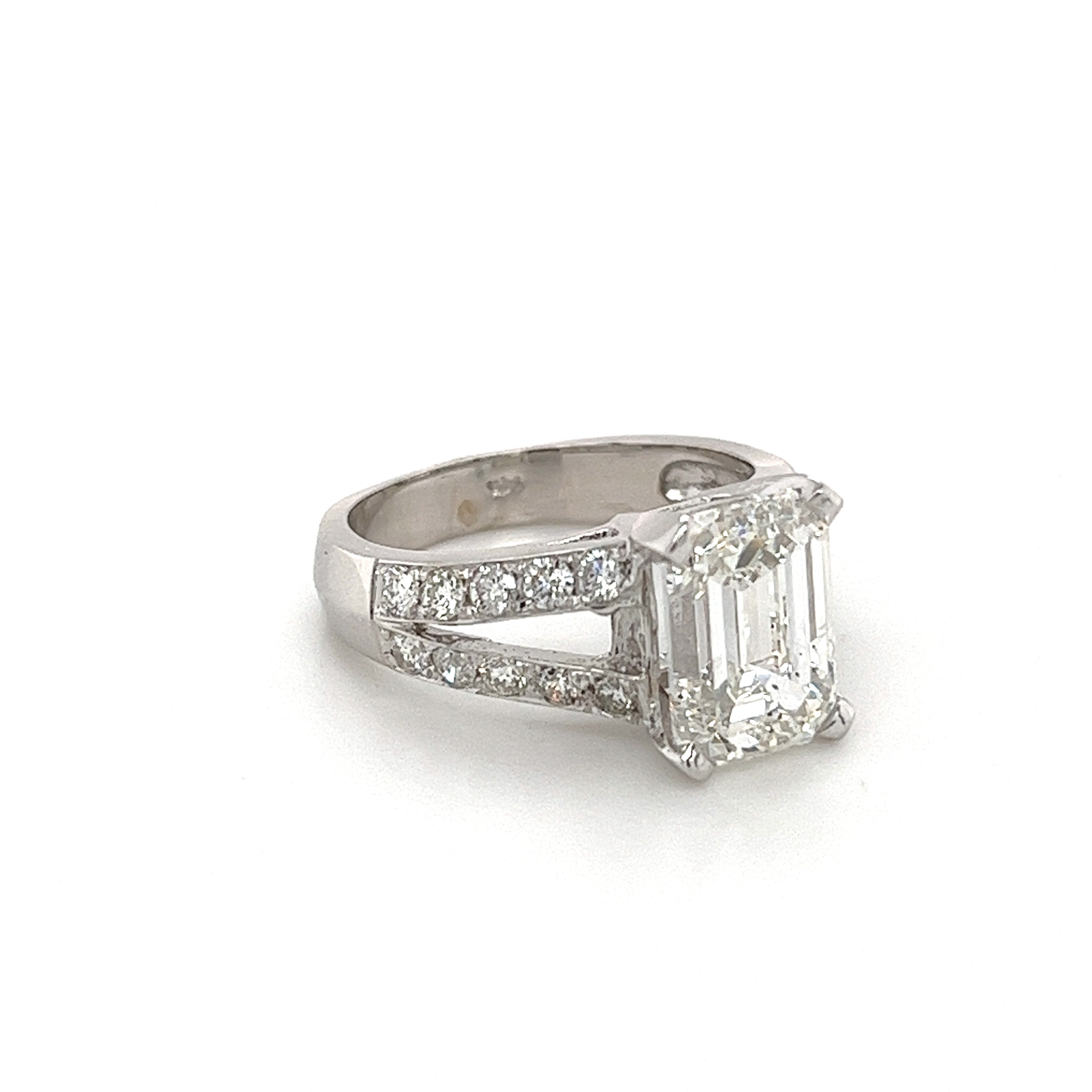 VS1 Emerald Cut Lab Diamond In Split Shank Diamond Side Stone 14K White Gold Ring-Rings-ASSAY