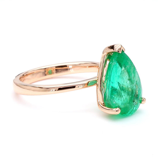 4.01 Carat Pear Cut Rich Green Emerald Solitaire 18K Rose Gold Ring